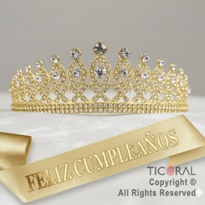 SET VINCHA Y BANDA FELIZ CUMPLEA�OS PIEDRAS Y STRASS ORO (10548D) X 1